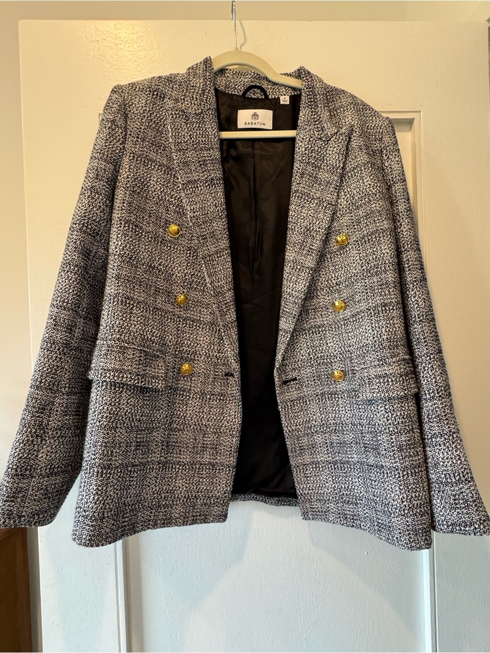 Babaton Gray Tweed Double-Breasted Blazer with Gold Buttons